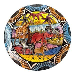 Penzo Zimbabwe African Safari Handpainted Plate 9” Elephant Zebra Giraffe Signed